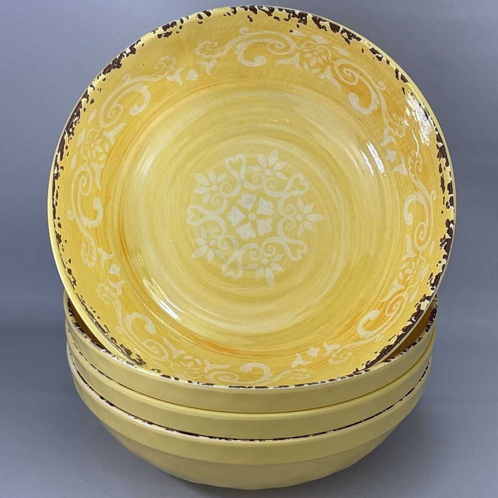 4 CYNTHIA ROWLEY Yellow Tuscan Scroll MELAMINE Medallion Pasta Cereal Bowls